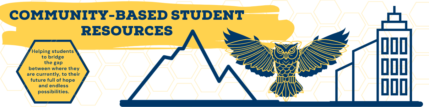 Community based student resources graphic that shows the title of the service, an owl with wings spread out between a mountain and a building.