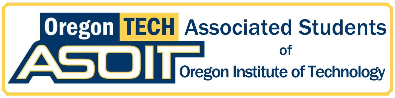 ASOIT logo with Oregon Tech block logo about the letters ASOIT with text that says Associated Students of Oregon Institute of Technology with a gold perimeter design.