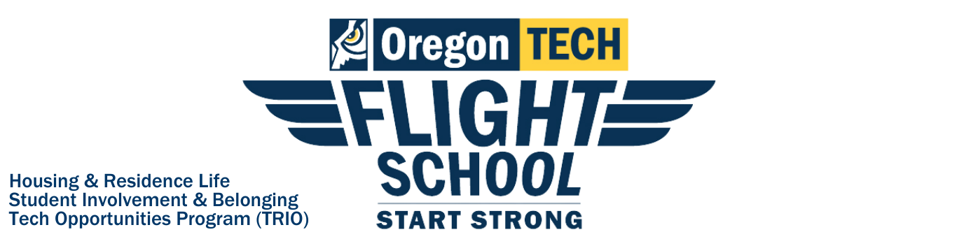 Flight School Strong Start logo with program name in text and airline-like wings. Graphic also says Housing & Residence Life, Student Involvement & Belonging, Tech Opportunities Program (TRIO) who are the contributing departments.