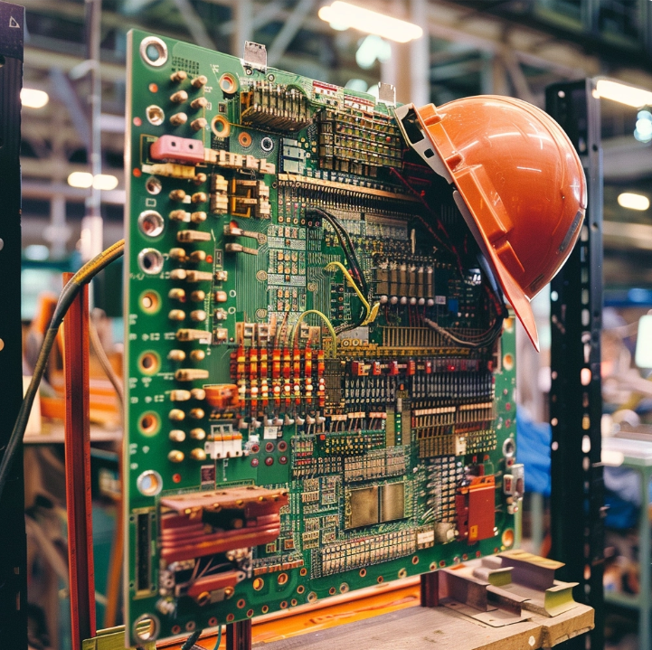 Large Circuit Board with Orange Construction Hat Hanging on the Right Corner