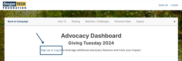 Sign up or Log in on Advocacy Dashboard, Giving Tuesday 2024