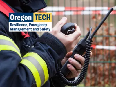 Resilience, Emergency Management, and Safety department logo and image of emergency responder speaking into a two-way radio.