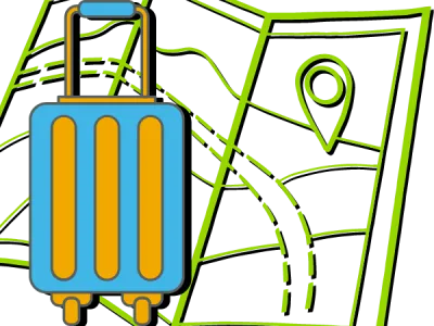 Graphic of a blue and yellow suitcase in front of a map. 